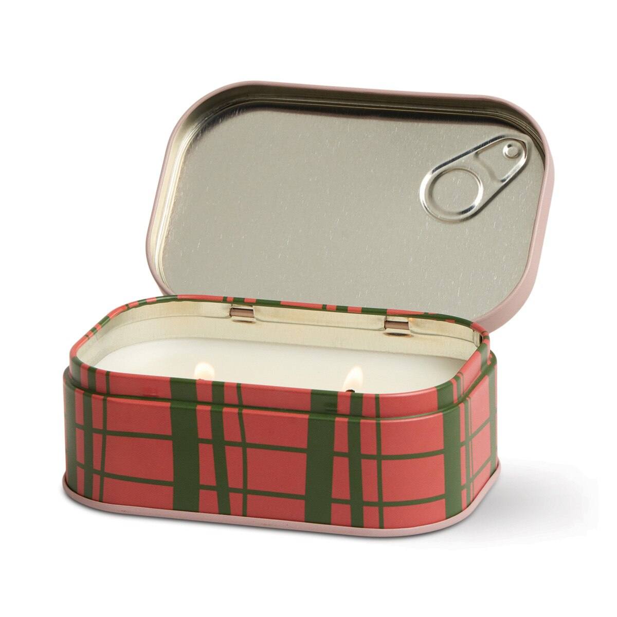 Lit Paddywax Bistro Strawberry candle showing warm glow from two flames inside plaid tin