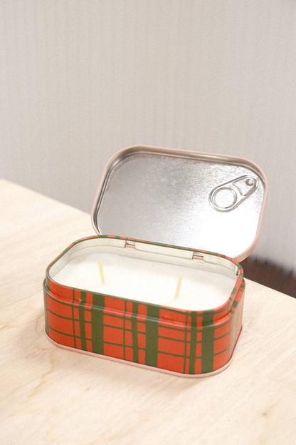 Open Paddywax Bistro Strawberry tin candle with orange green plaid exterior and dual cotton wicks