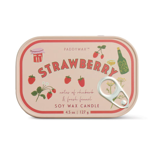 Paddywax Bistro Strawberry soy wax candle in illustrated tin with red-orange border and strawberry details