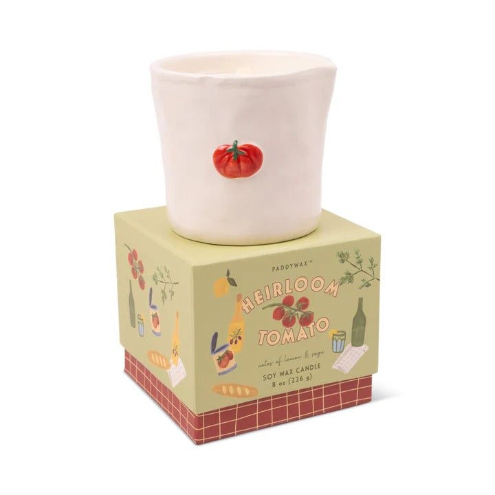 Paddywax Bistro Heirloom Tomato ceramic candle with red tomato embossment on olive green gift box