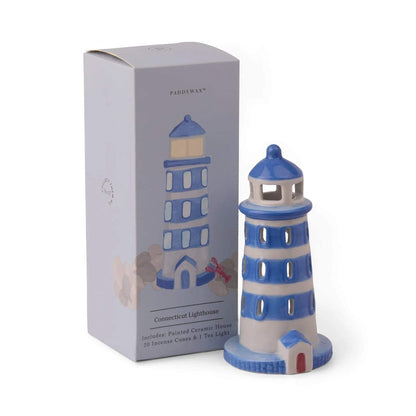 PADDYWAX blue and white striped ceramic lighthouse incense holder with red door detail beside Connecticut Lighthouse packaging
