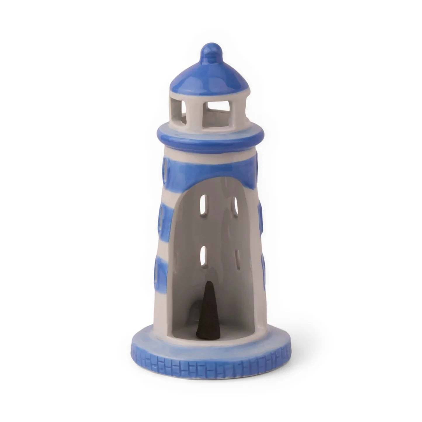 PADDYWAX blue ceramic lighthouse holding dark brown Palo Santo incense cone with domed roof and oval window cutouts