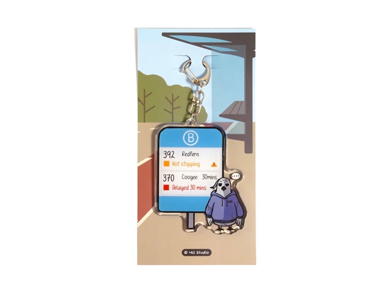 +61 Studio Bus Not Stopping acrylic keychain with deadpan cockatoo design