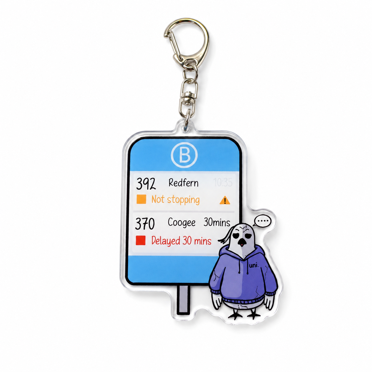 Standalone +61 Studio optical acrylic keychain with purple hoodie cockatoo