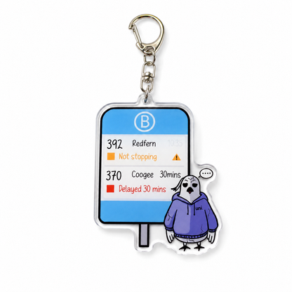 Standalone +61 Studio optical acrylic keychain with purple hoodie cockatoo
