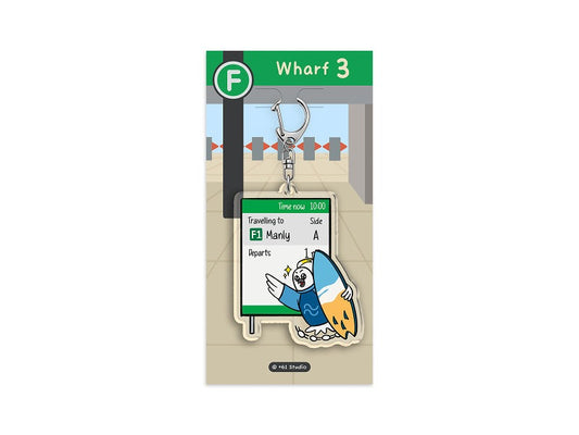 +61 Studio Travelling to Manly Keychain by 9to5 Studios on packaging card, green Wharf 3 sign and silver clasp detail