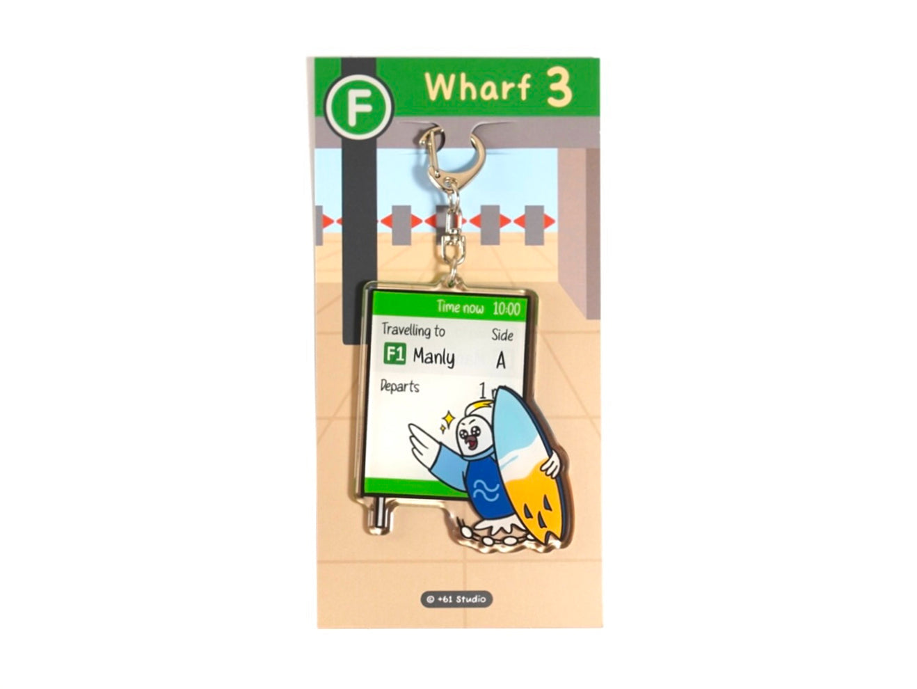 Happy cockatoo keychain holding surfboard running to catch Manly ferry by +61 Studio Ferry