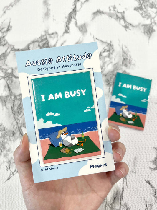 +61 Studio I AM BUSY seagull fridge magnet held in hand on marble, sold at 9to5 Studios