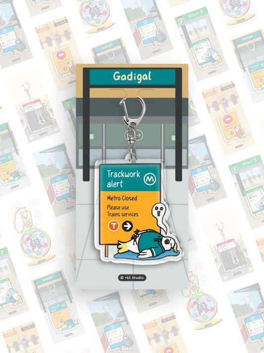 9to5 Studios +61 Studio Gadigal keychain on patterned backing card clear acrylic whimsical seal design