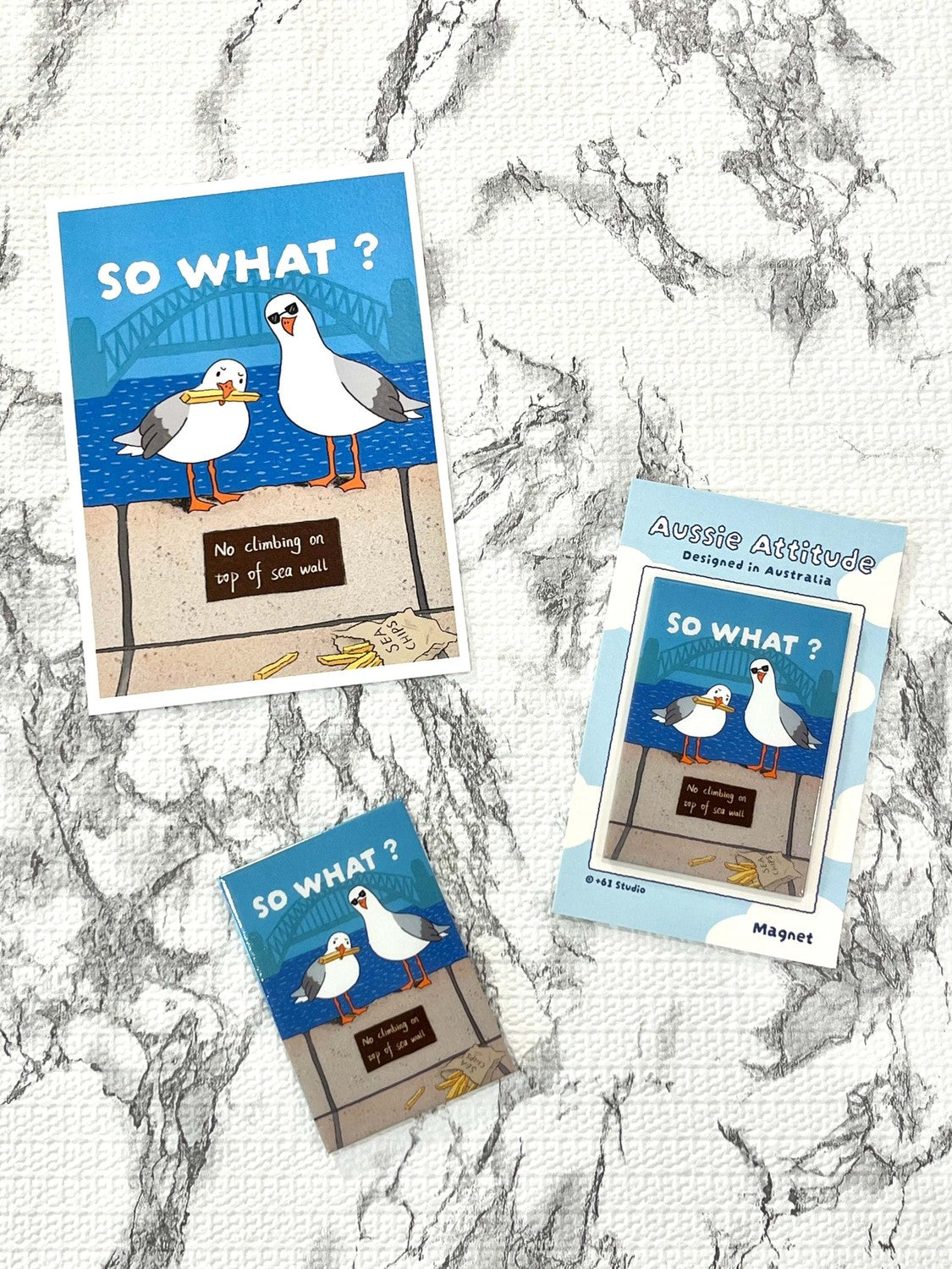 +61 Studio SO WHAT? Magnet by 9to5 Studios, Aussie Attitude seagull fridge magnet with Sydney Harbour Bridge art