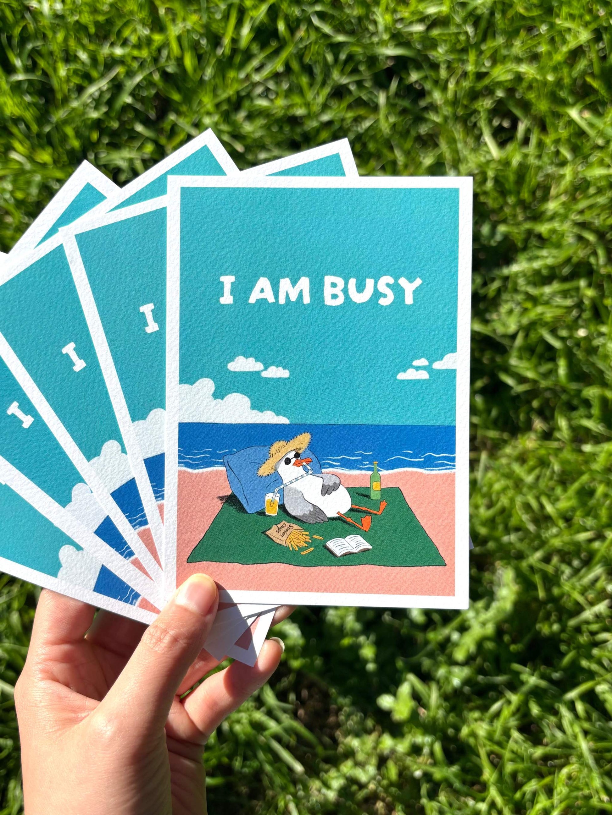 9to5 Studios pack of +61 Studio I AM BUSY Australian stationery postcards featuring lazy seagull design on grass