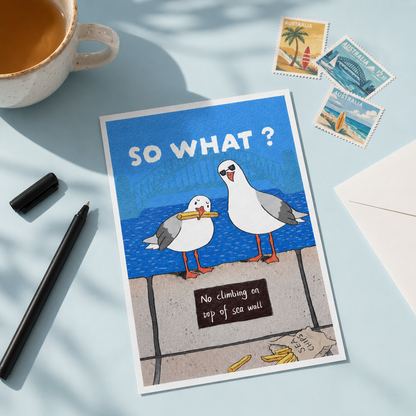 +61 Studio SO WHAT Australian humor postcard styled with coffee cup and postage stamps