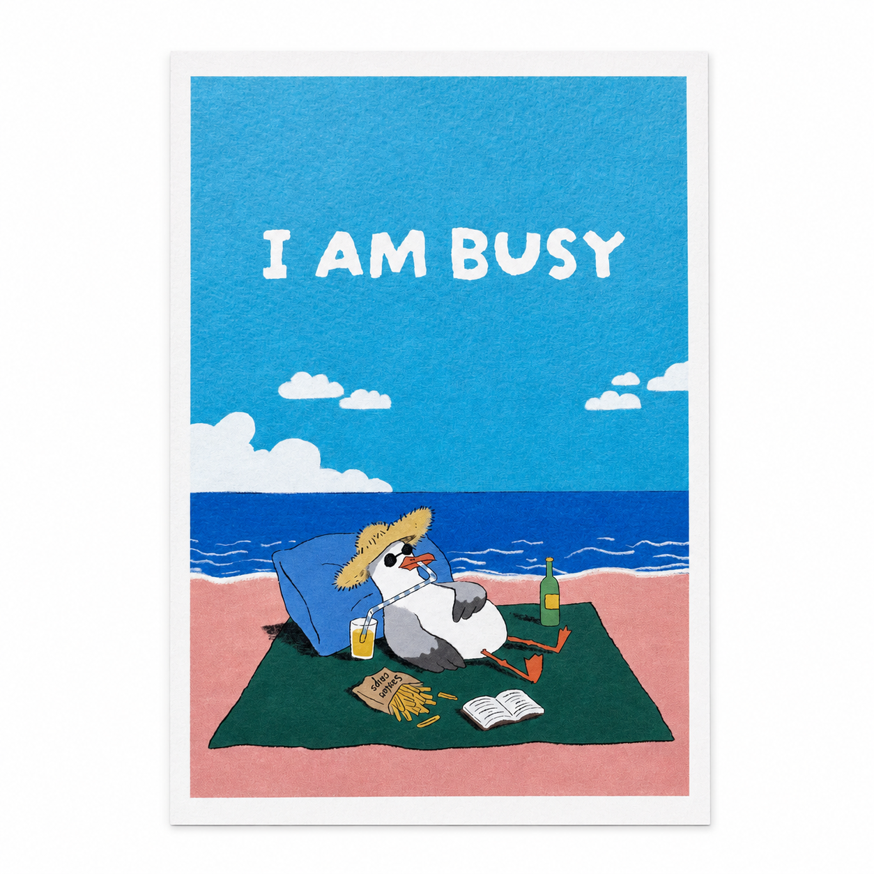 I AM BUSY Australian postcard featuring cartoon seagull in sunglasses