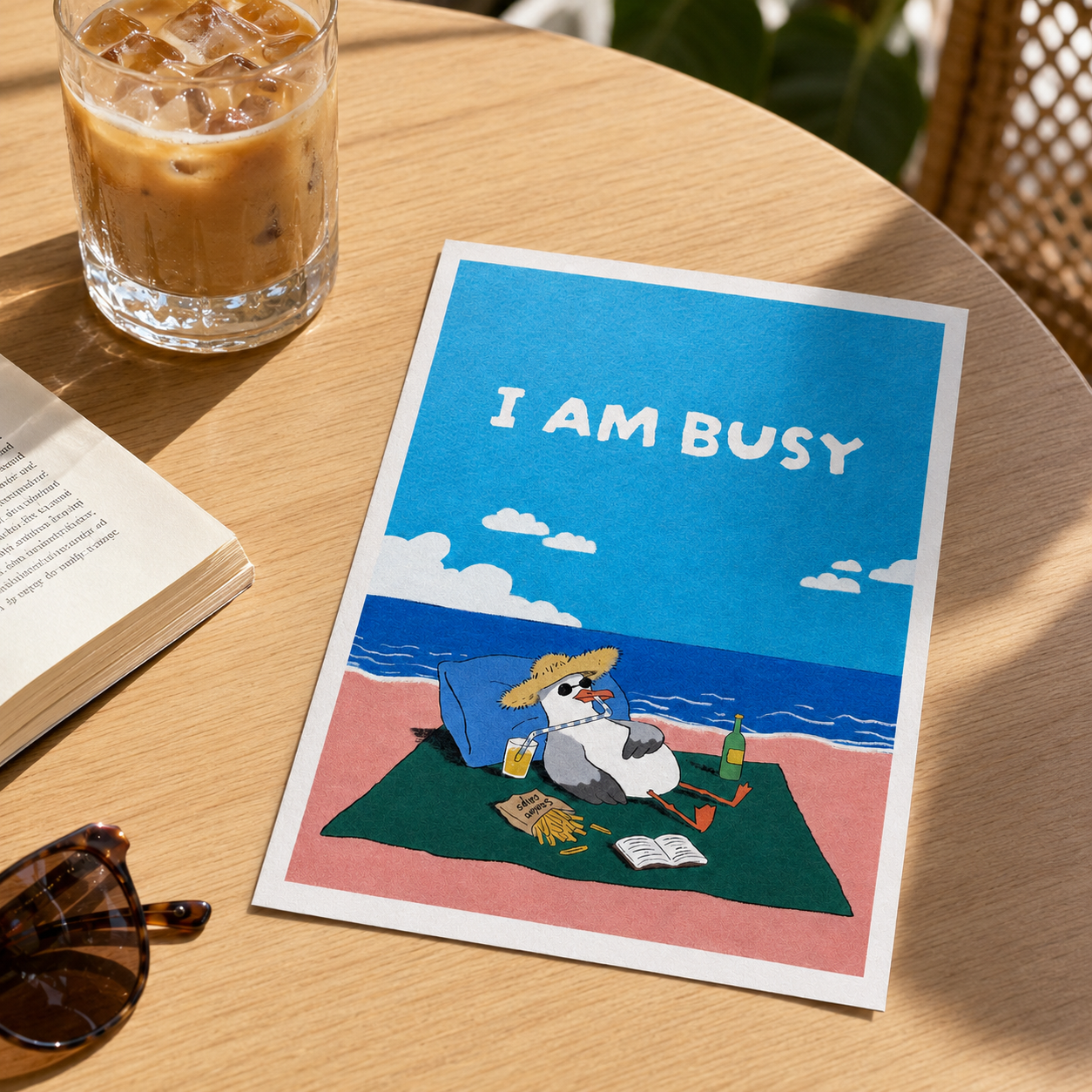 +61 Studios I AM BUSY postcard with seagull on beach scene