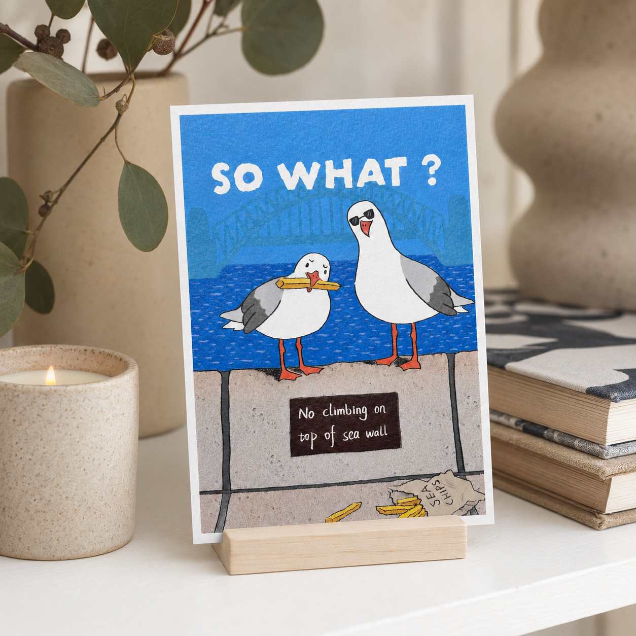 +61 Studio SO WHAT cheeky seagull postcard with sunglasses bird and Harbour Bridge art