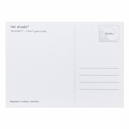 +61 Studio SO WHAT postcard back with seagull stamp area and Sydney design credit