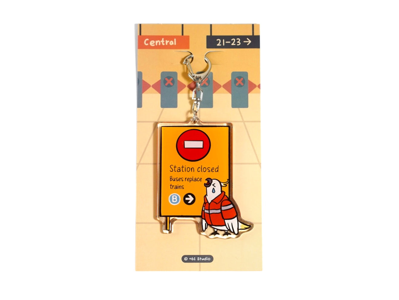 +61 Studio Train Station Closed keychain featuring a teary-eyed cockatoo and double-sided premium acrylic design