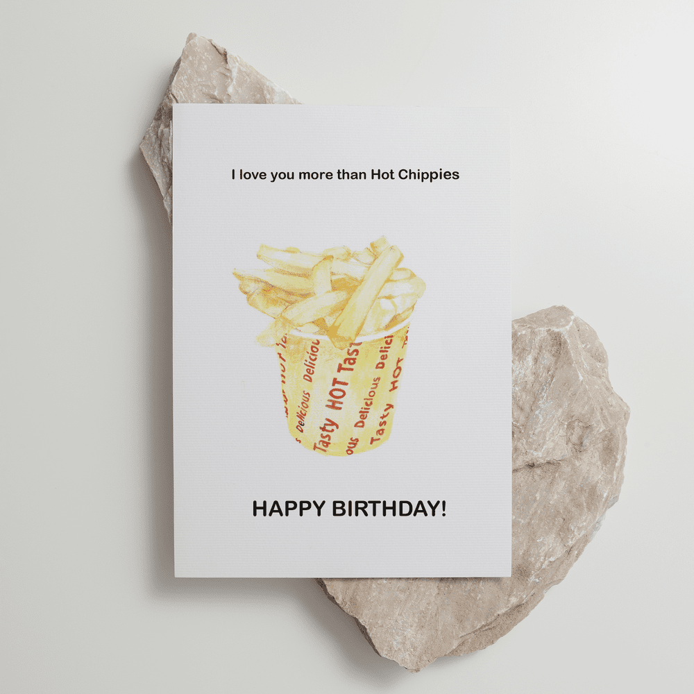 Big Bite Studios Hot Chippies 聖誕卡，水彩薯條插畫及「我愛你勝過愛Hot Chippies」文字