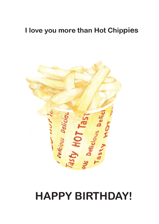 Flat design of Big Bite Studios Hot Chippies greeting card featuring yellow fry container and bold 'Happy Birthday' message