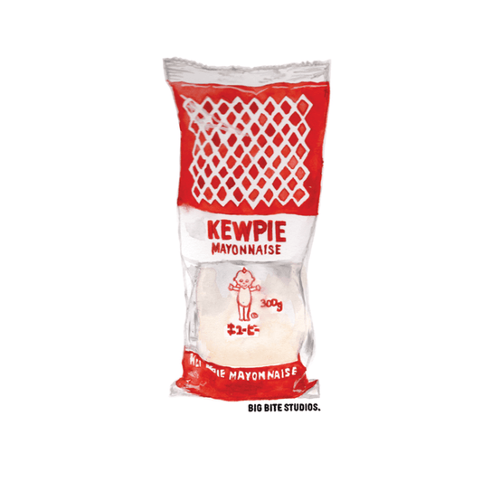 Watercolor style Kewpie mayonnaise bottle magnet featuring Japanese text and character art