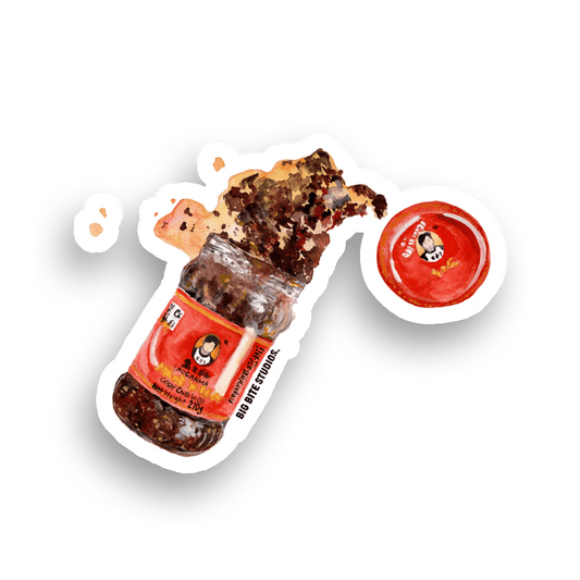 Laoganma Chilli Oil jar magnet with watercolor illustration and red label