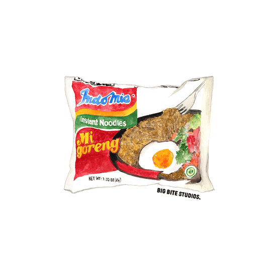Die-cut Indomie Mi Goreng packet magnet showing noodles and sunny-side-up egg
