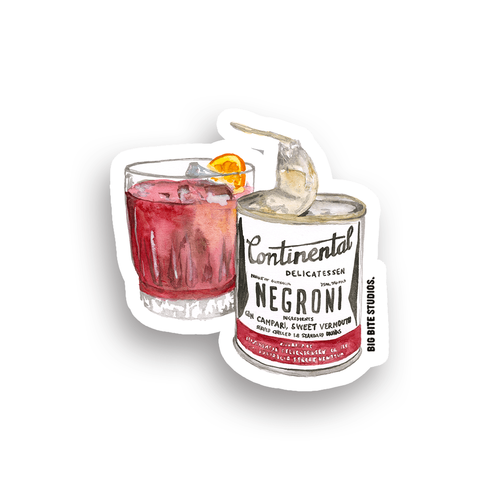 Negroni cocktail die-cut magnet with watercolor illustration of glass and can