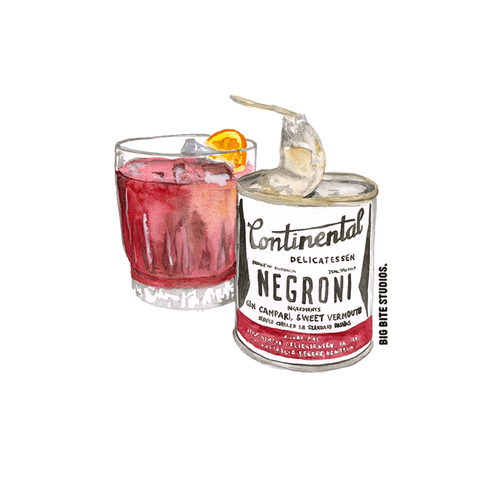 Big Bite Studios Negroni fridge magnet showing illustrated gin and campari drink