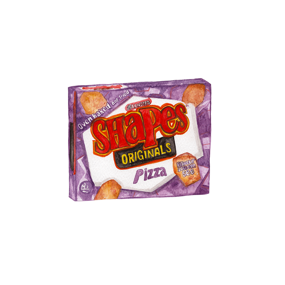 Purple and red Pizza Shapes magnet with watercolor illustration of classic snack packaging