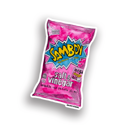 Pink Samboys salt and vinegar chip magnet with watercolor illustration