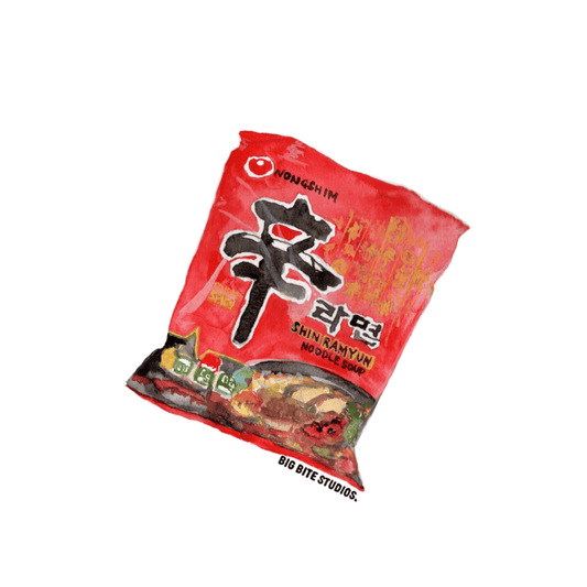 Shin Ramyun noodle soup packet magnet featuring Korean calligraphy design