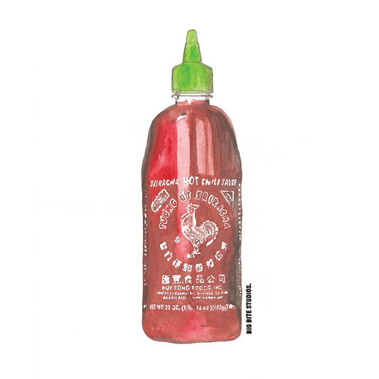 Flat graphic print of Big Bite Studios Sriracha Magnet featuring rooster logo and label
