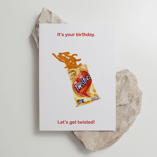 Twisties 'Let's Get Twisted' greeting card flat lay on textured stones