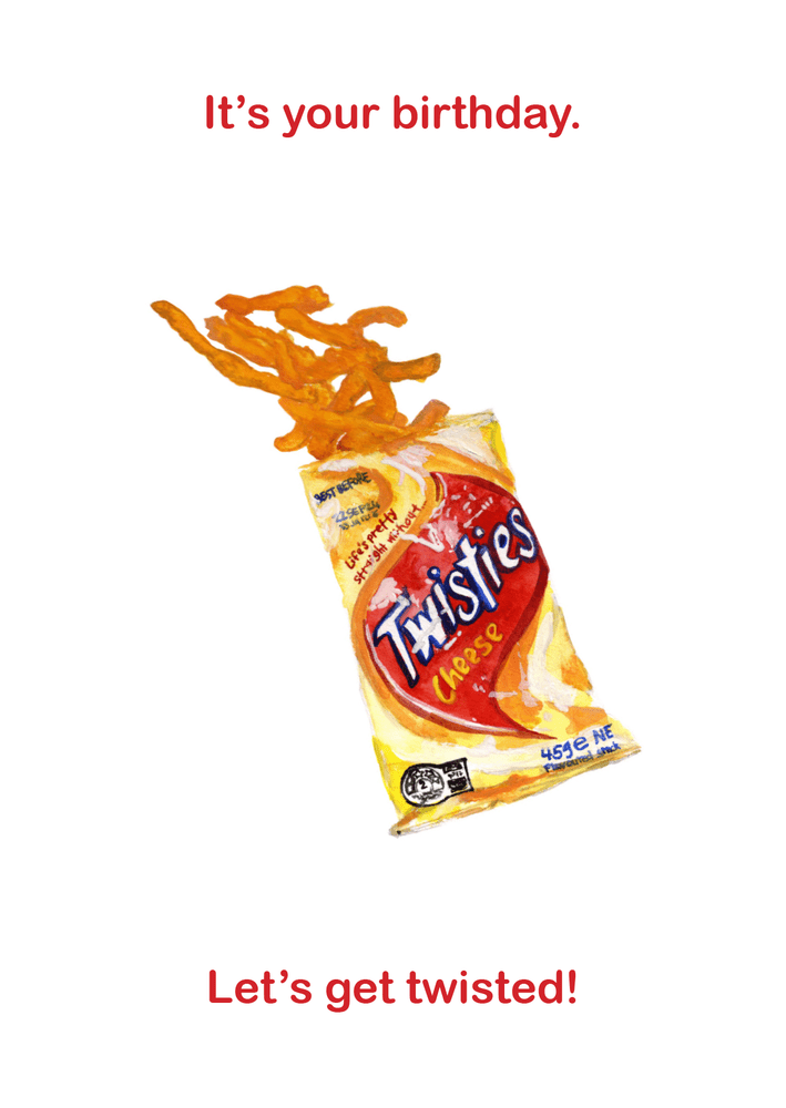 Big Bite Studios Twisties birthday card with watercolor cheese snack illustration