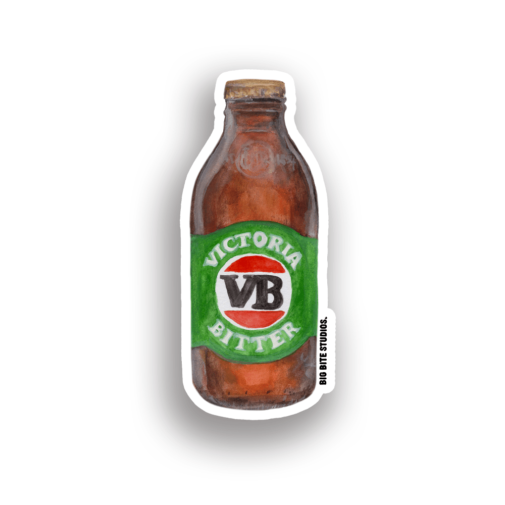 Die-cut VB beer bottle magnet showing white border outline and Big Bite Studios branding
