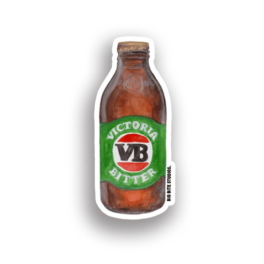 Die-cut VB beer bottle magnet showing white border outline and Big Bite Studios branding