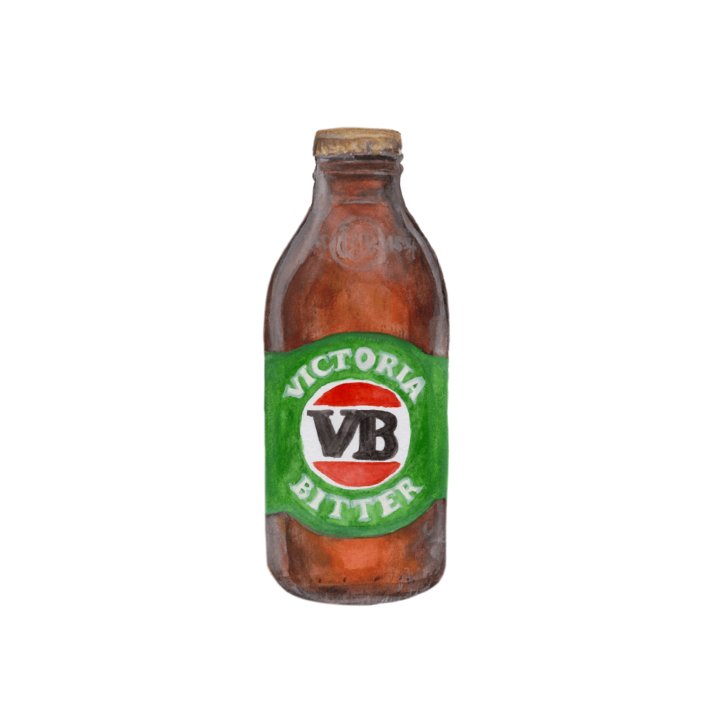 Watercolor illustration of a brown VB beer bottle magnet with green label and red logo