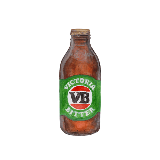 Watercolor illustration of a brown VB beer bottle magnet with green label and red logo