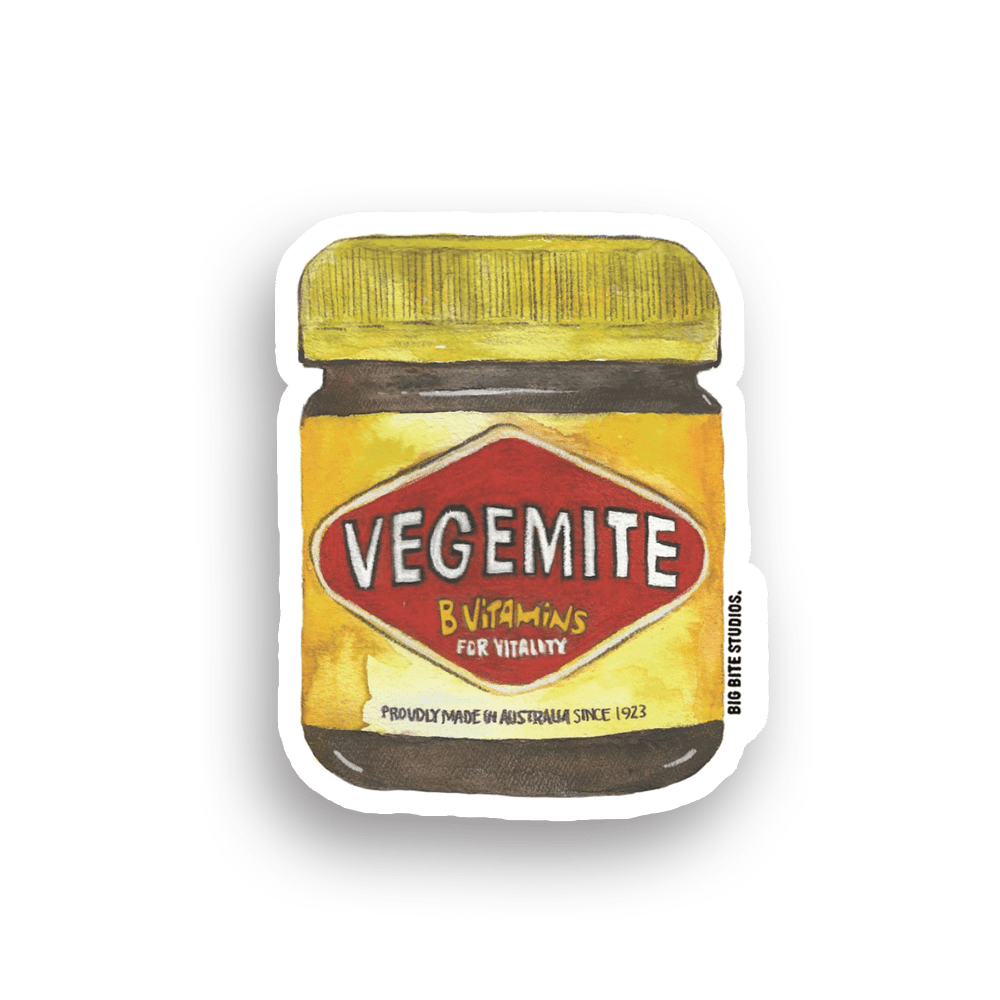 Die-cut Vegemite fridge magnet showing illustrated jar design with white border and drop shadow