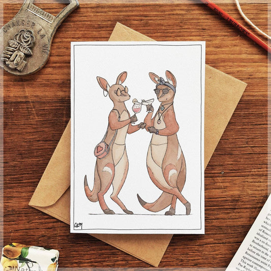 Two yellow-footed rock wallabies relaxing together on Hip Hoppers - Greeting Card by Avi Gray