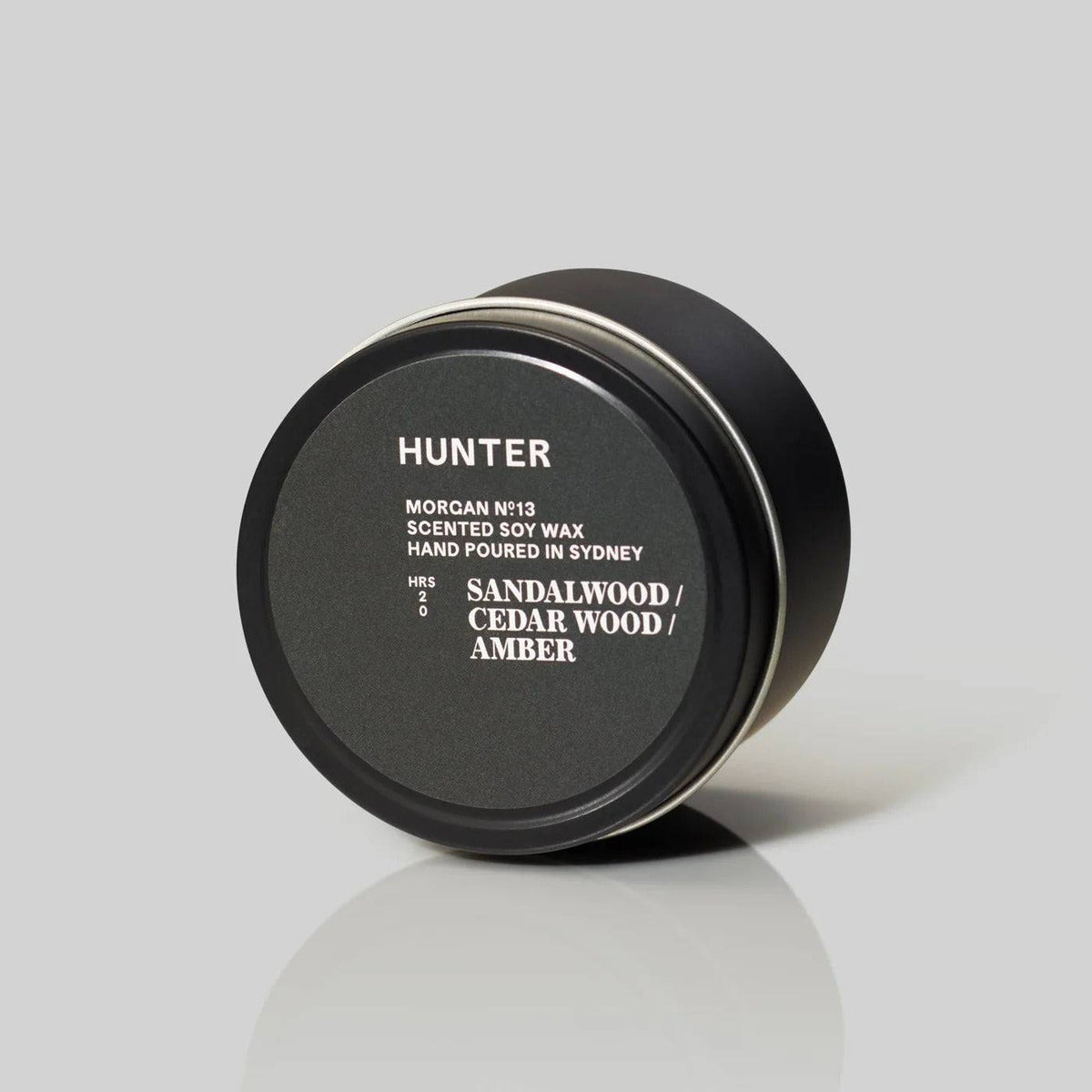 Hunter Candles Morgan sandalwood cedar amber scented soy wax candle in black tin