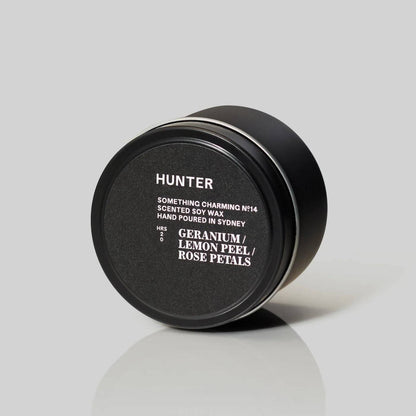 Hunter Something Charming scented soy wax candle tin with black label