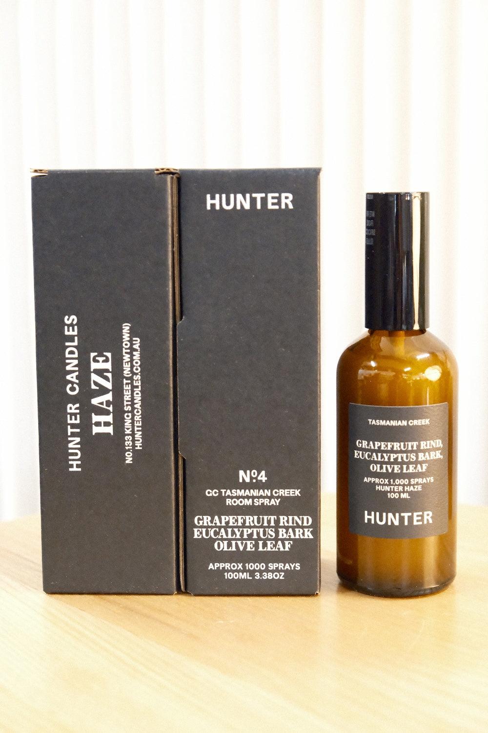 Hunter Candles Haze Tasmanian Creek room spray in amber glass bottle with black cap and packaging