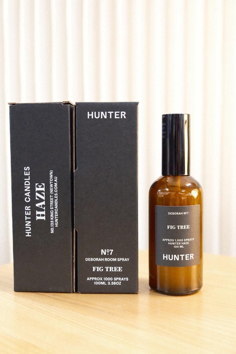 Hunter Candles Deborah fig tree room spray bottle open beside black box on wood