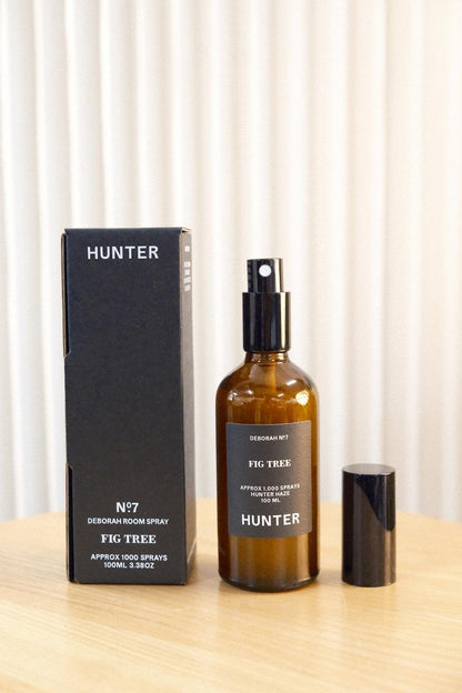 Hunter Candles Fig Tree room spray in amber glass bottle with black cap and packaging