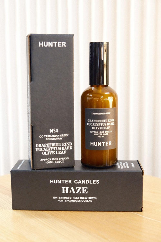 Hunter Candles Haze Tasmanian Creek 100ml room spray bottle and vertical black packaging box