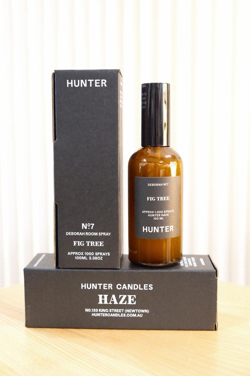 Hunter Candles Deborah fig tree room spray bottle on flat box with upright packaging