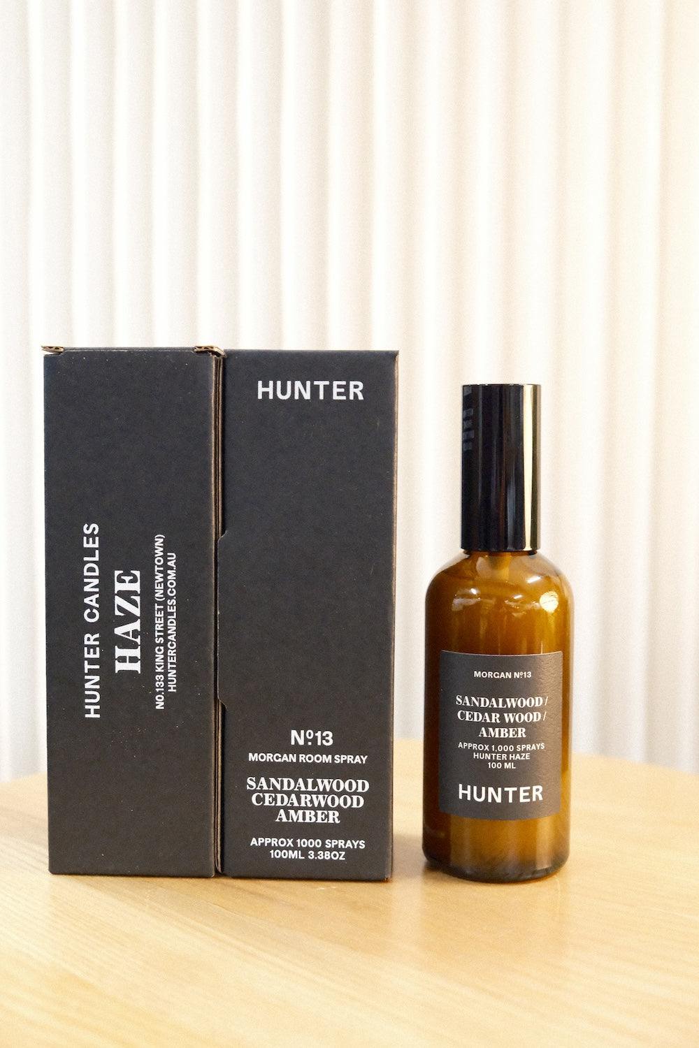 Hunter Candles The Haze Morgan room spray boxes showing Sandalwood Cedarwood Amber scent details