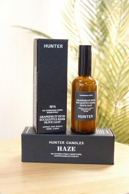 Hunter Candles Haze Tasmanian Creek room spray complete packaging set with green plant frond