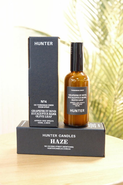 Hunter Candles Haze Tasmanian Creek room spray set with matte black box and palm leaf background